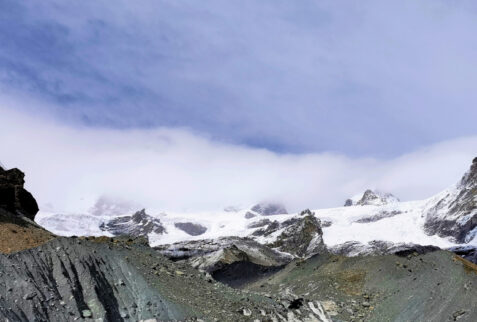 Val d’Ayas Monte Rosa – a view on the glacier and some Monte Rosa peaks partially hidden by clouds