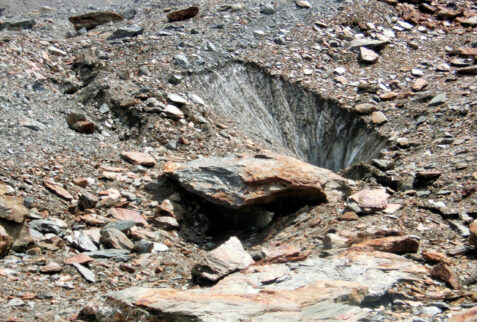 Ghiacciaio del Miage – a cone of ice and stones falling into it