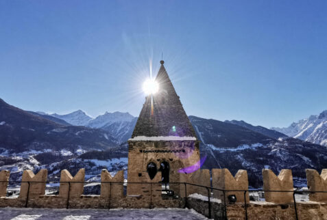 Castello di Saint Pierre – the bell tower of the church seen from the battlements of the castle – BBofItaly